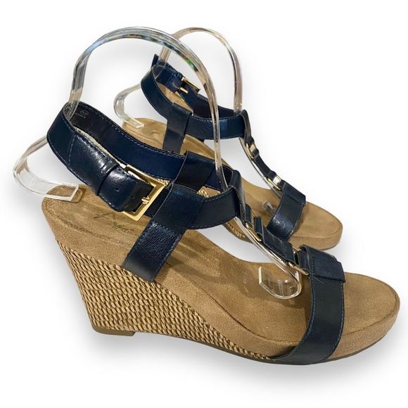 A2 Aerosoles | Navy T Strap Wedge Buckle Sandals | Size 9 - Picture 2 of 11